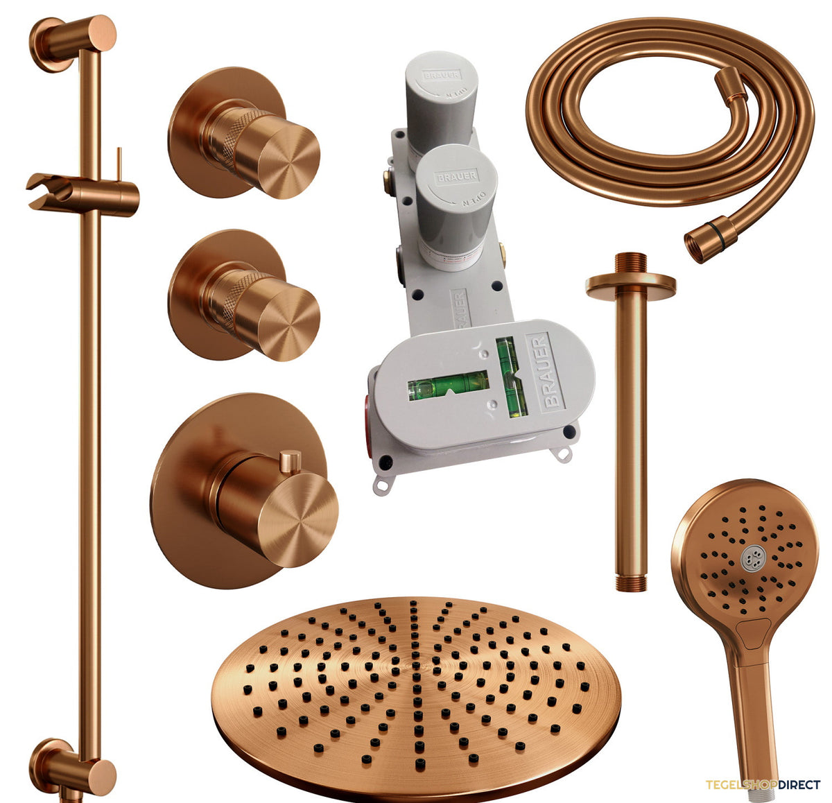 Thermostatisch Inbouwdoucheset Brauer Copper 30cm Hoofddouche Plafondarm 3 Standen Handdouche op Glijstang Koper – afbeelding 10