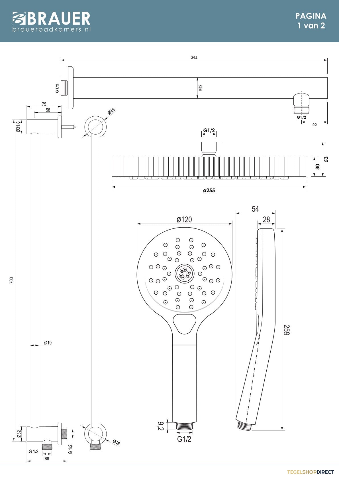 Brauer Stripe thermostatische inbouw regendouche SET 10 met 25 cm douchekop en rechte muurarm en 3-standen handdouche en doucheslang en geintegreerde glijstang goud geborsteld PVD – afbeelding 9