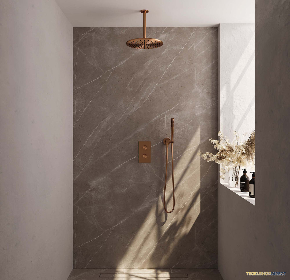 Regendoucheset Inbouw Brauer Copper Carving Thermostatisch 30cm met 3-Weg Omstelling, Plafondarm en Staaf Handdouche Geborsteld Koper – afbeelding 2