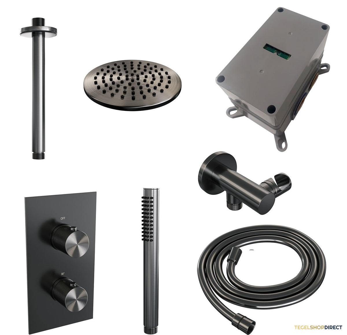 Regendoucheset Inbouw Brauer Gunmetal Carving Thermostatisch 20cm met 3-Weg Omstelling, Plafondarm en Staaf Handdouche Geborsteld Gunmetal – afbeelding 4