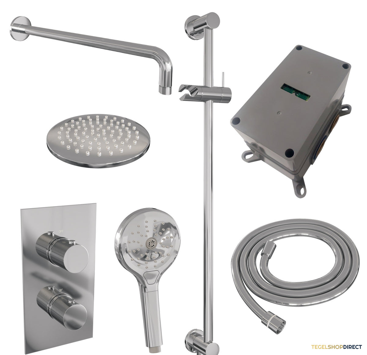Regendoucheset Inbouw Brauer Chrome Carving Thermostatisch 20cm met 3-Weg Omstelling Gebogen Wandarm Glijstang Handdouche 3-Standen Chroom – afbeelding 11
