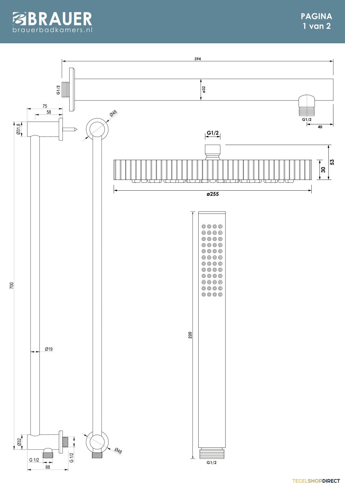 Brauer Stripe thermostatische inbouw regendouche SET 07 met 25 cm douchekop en rechte muurarm en staaf handdouche en doucheslang en geintegreerde glijstang mat zwart – afbeelding 9