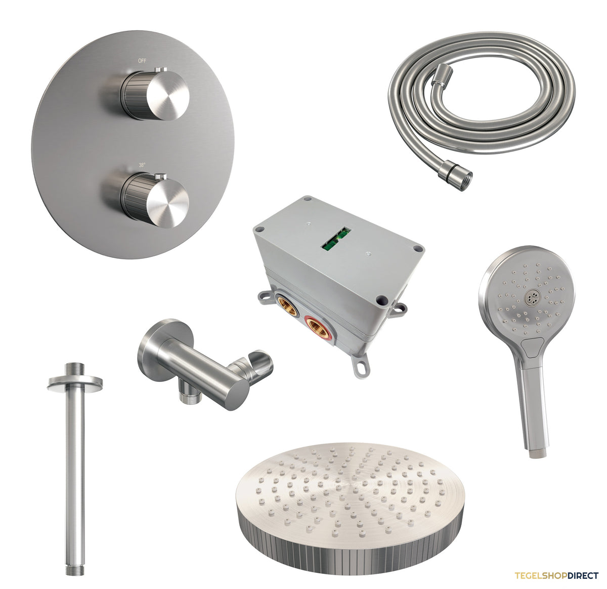 Brauer Stripe thermostatische inbouw regendouche 3-weg rond SET 42 met 25 cm douchekop en plafondarm en 3-standen handdouche en doucheslang en wandaansluitbocht RVS-kleurig geborsteld PVD – afbeelding 3