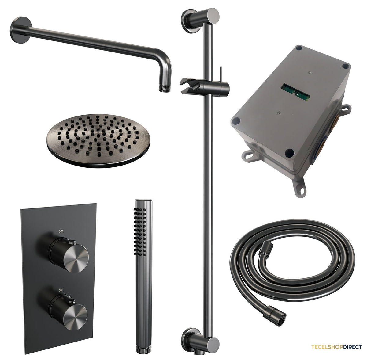 Regendoucheset Inbouw Brauer Gunmetal Edition Thermostatisch 20cm met 3-Weg Omstelling, Gebogen Wandarm, Glijstang en Staaf Handdouche Geborsteld Gunmetal – afbeelding 3