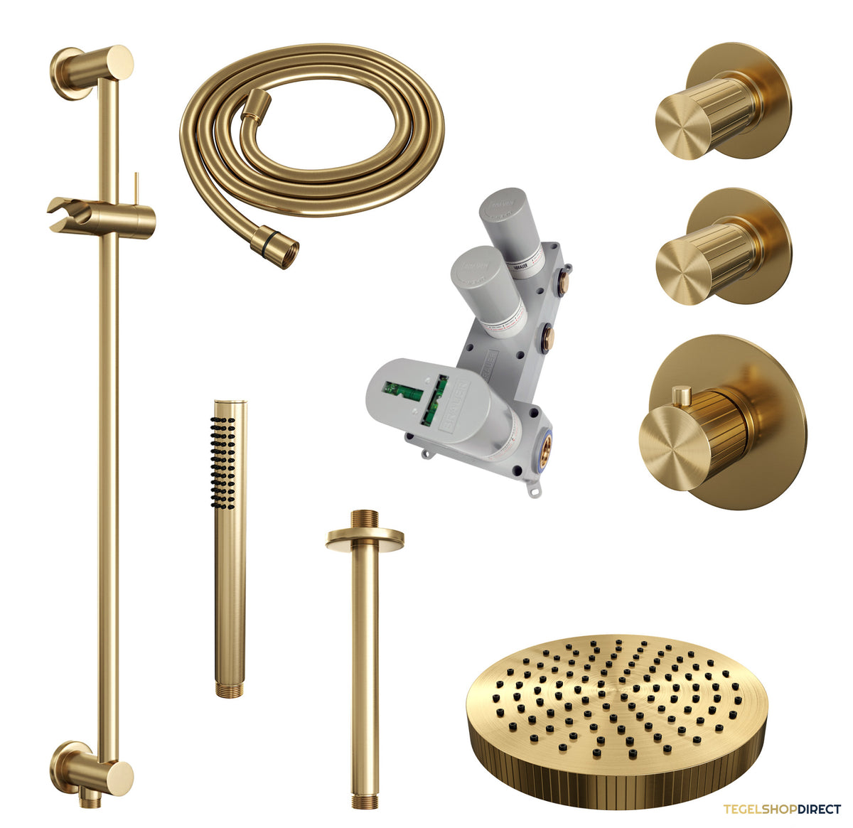 Brauer Stripe thermostatische inbouw regendouche SET 09 met 25 cm douchekop en plafondarm en staaf handdouche en doucheslang en geintegreerde glijstang goud geborsteld PVD – afbeelding 3