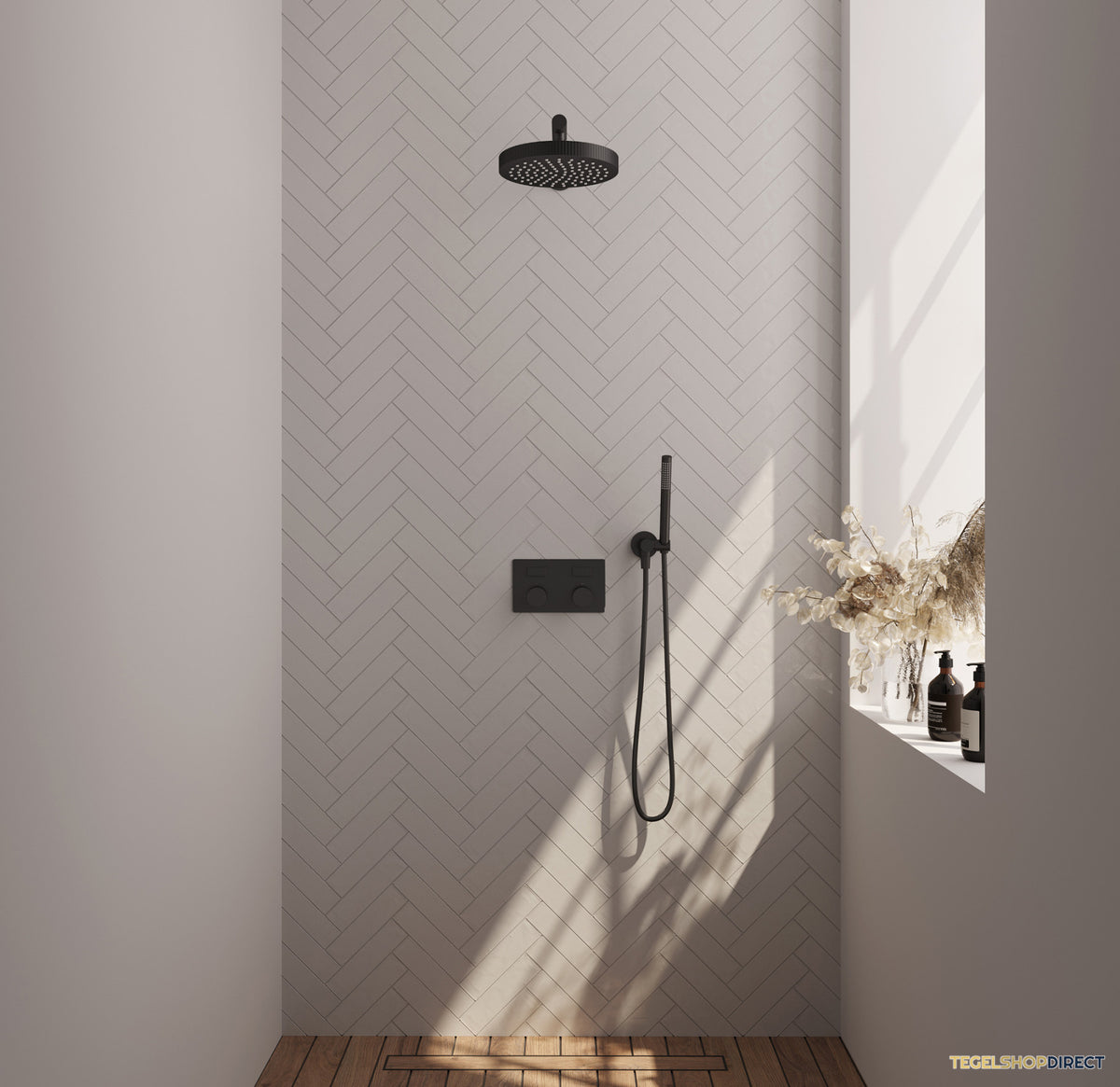Brauer Stripe thermostatische inbouw regendouche met drukknoppen SET 25 met 25 cm douchekop en rechte muurarm en staaf handdouche en doucheslang en wandaansluitbocht mat zwart – afbeelding 2