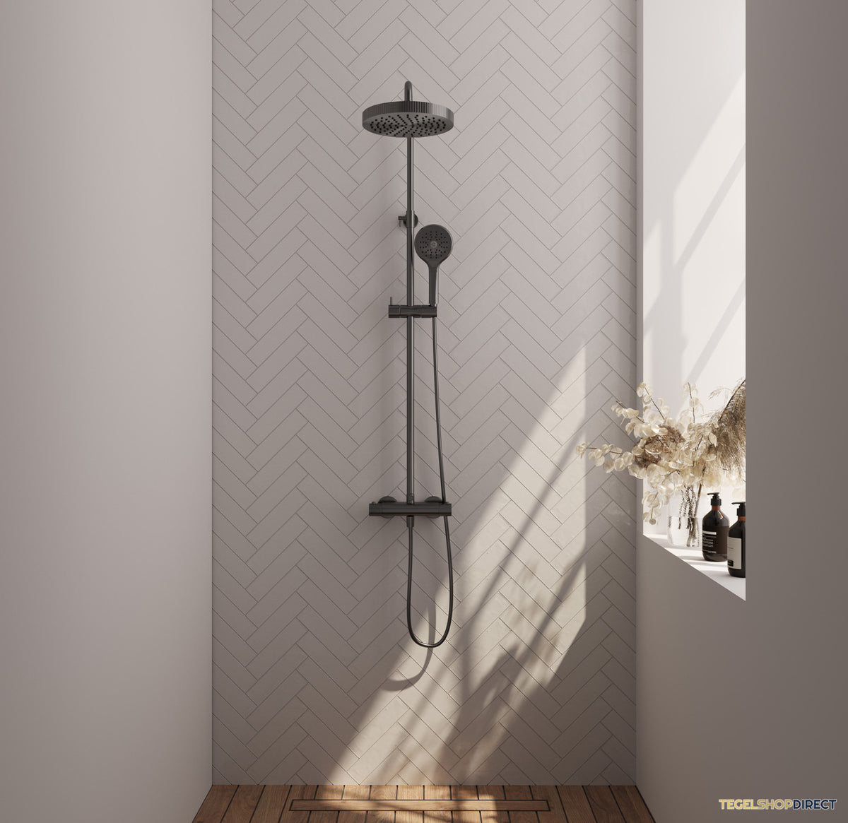 TWEEDEKANS - Brauer Stripe opbouw thermostatische regendouche SET 02 met 25 cm hoofddouche en 3-standen handdouche en doucheslang gunmetal geborsteld PVD – afbeelding 2