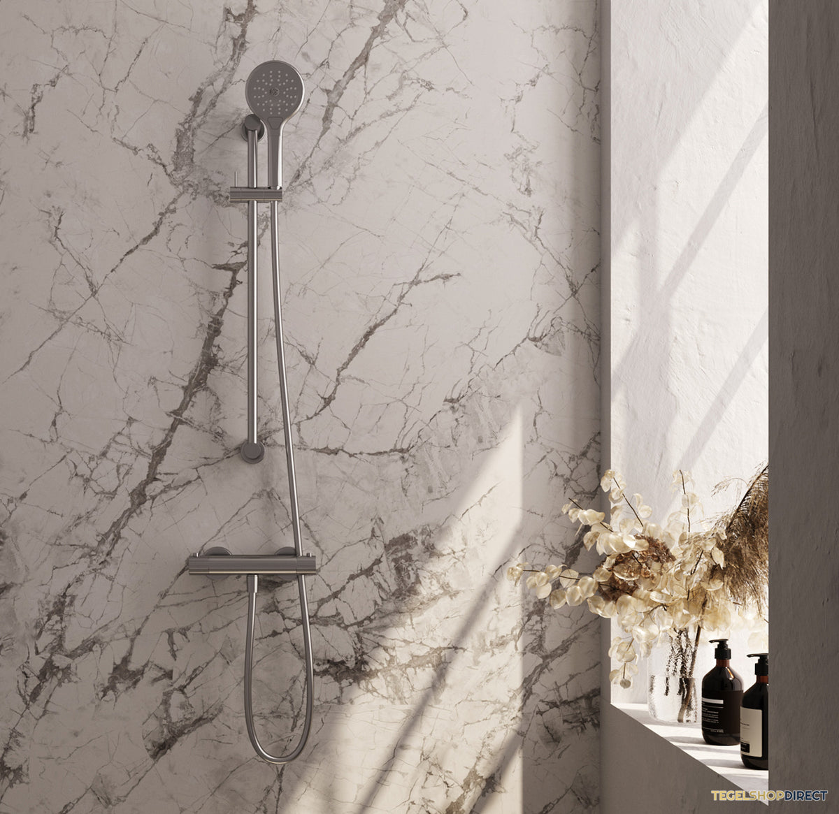 Brauer Stripe opbouw douche thermostaatkraan SET 02 met glijstang en 3-standen handdouche en doucheslang RVS-kleurig geborsteld PVD