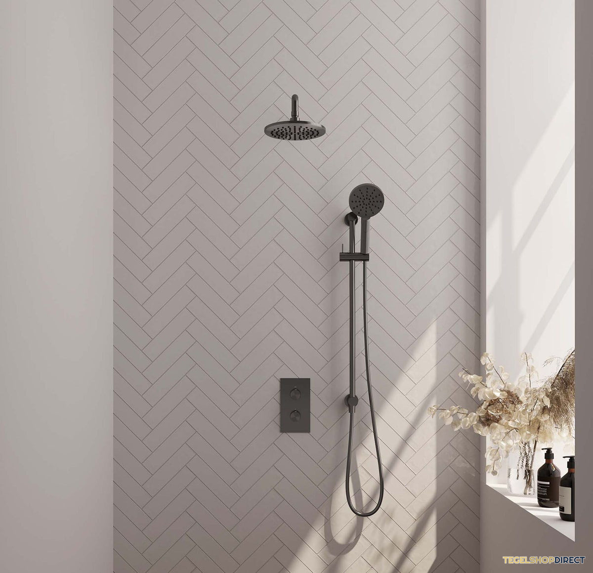 Brauer Inbouw Regendouche | Gunmetal Edition | 20cm Stortdouche met gebogen wandarm en handdouche | Geborsteld Gunmetal