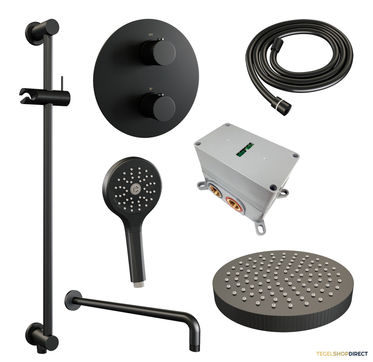 Brauer Stripe thermostatische inbouw regendouche 3-weg rond SET 47 met 25 cm douchekop en gebogen muurarm en 3-standen handdouche en doucheslang en geintegreerde glijstang mat zwart – afbeelding 3