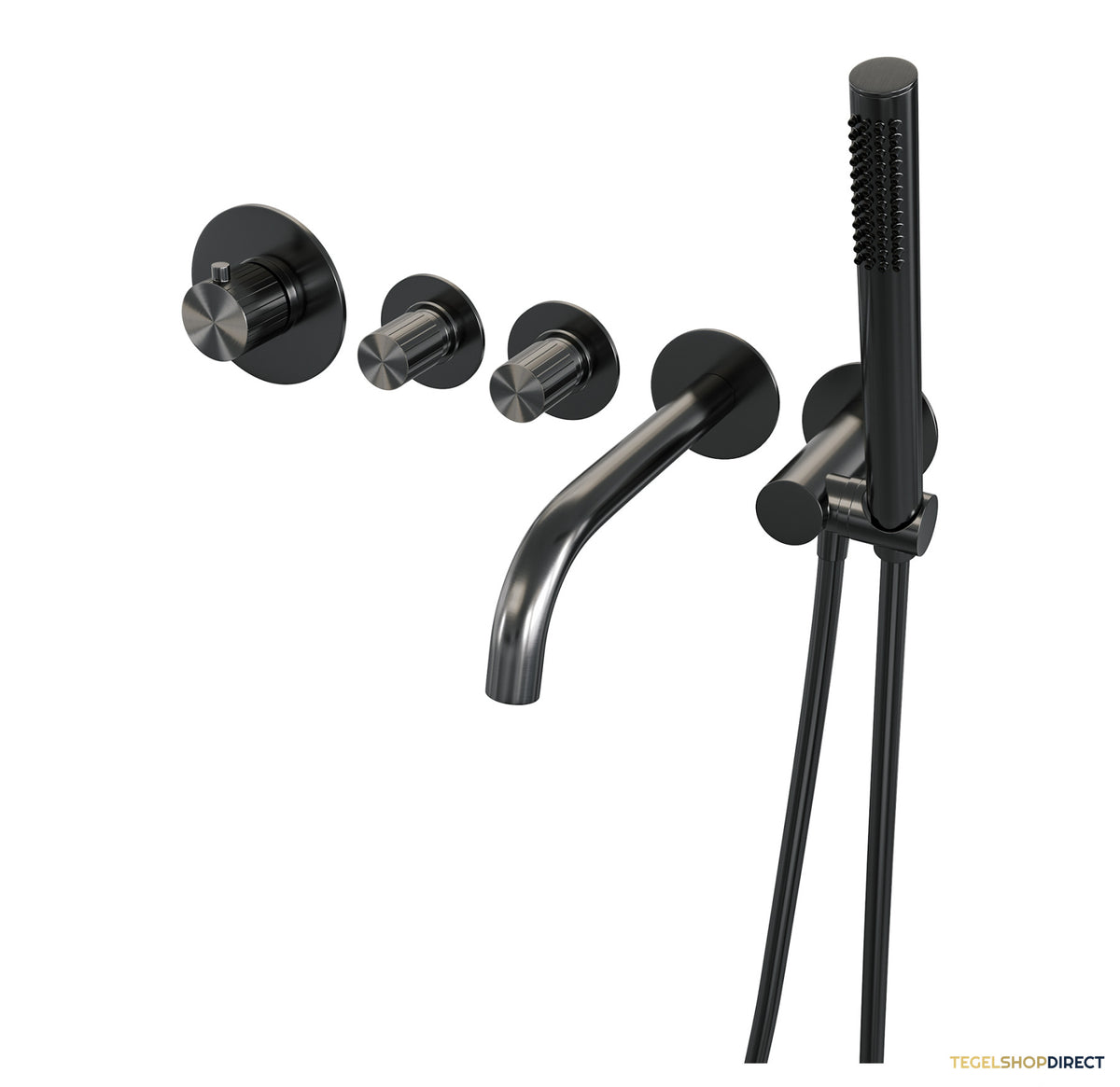 Brauer Stripe thermostatische inbouw badkraan SET 01 met uitloop en staaf handdouche en doucheslang en wandaansluitbocht gunmetal geborsteld PVD – afbeelding 2