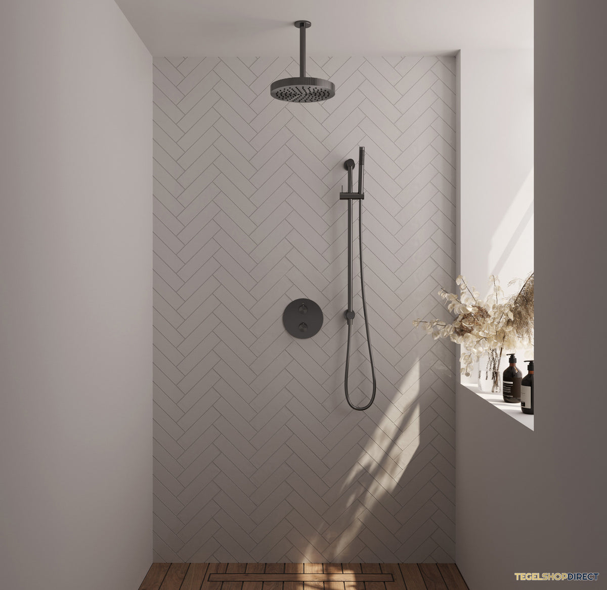 Brauer Stripe thermostatische inbouw regendouche 3-weg rond SET 45 met 25 cm douchekop en plafondarm en staaf handdouche en doucheslang en geintegreerde glijstang gunmetal geborsteld PVD – afbeelding 2