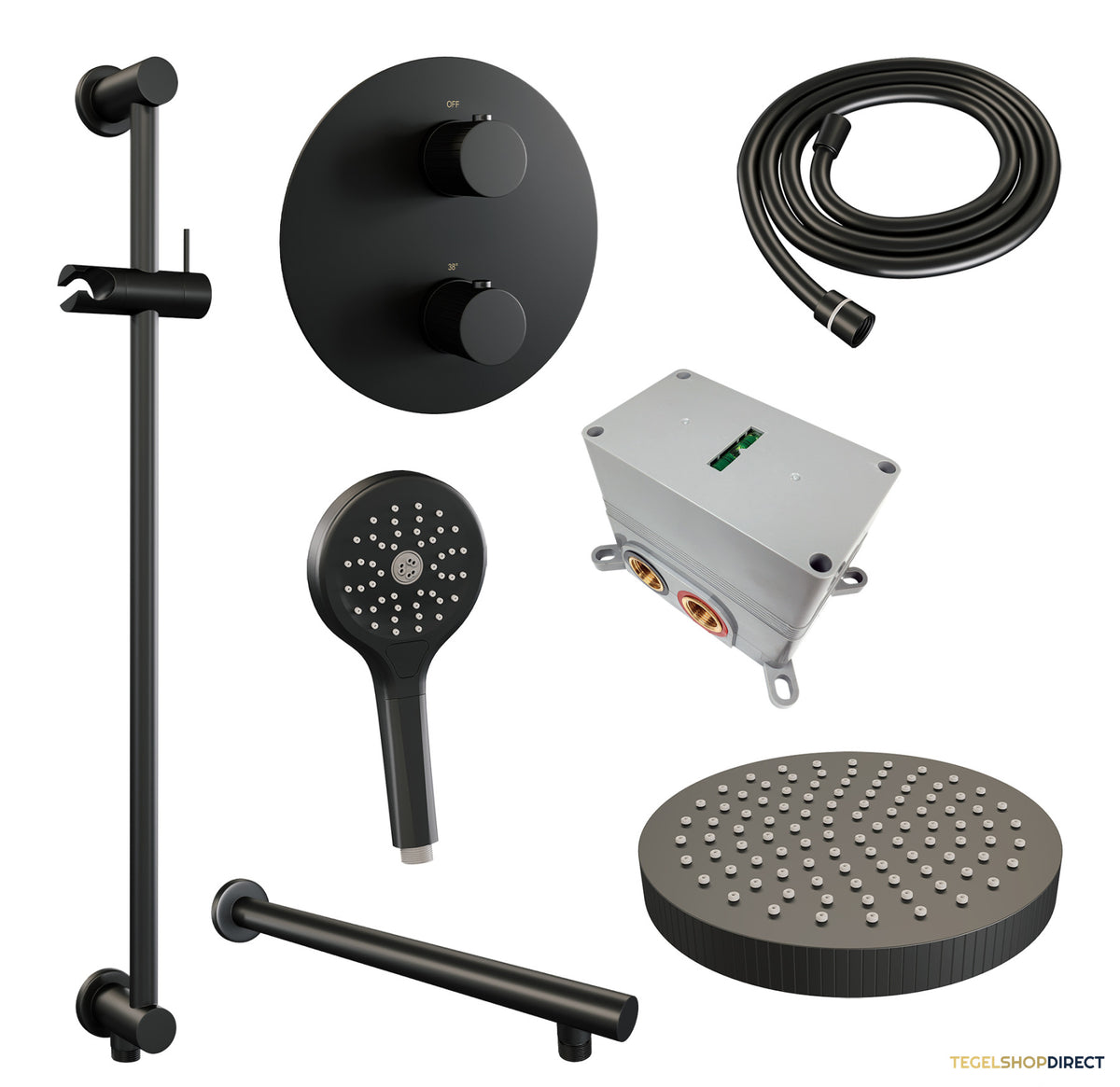 Brauer Stripe thermostatische inbouw regendouche 3-weg rond SET 46 met 25 cm douchekop en rechte muurarm en 3-standen handdouche en doucheslang en geintegreerde glijstang mat zwart – afbeelding 3