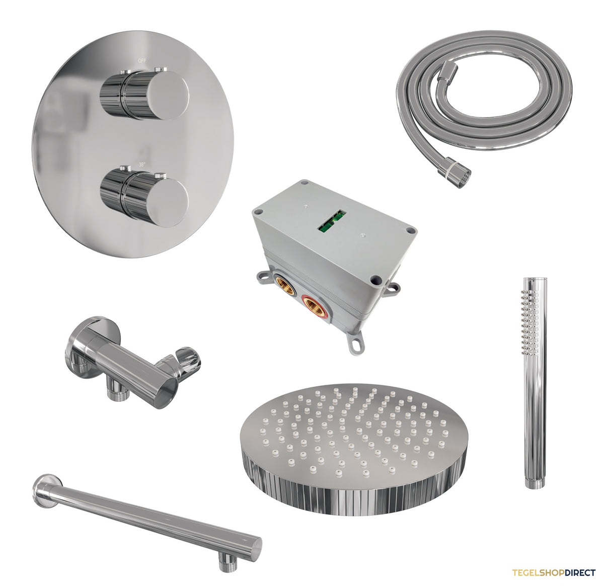 Brauer Stripe thermostatische inbouw regendouche 3-weg rond SET 37 met 25 cm douchekop en rechte muurarm en staaf handdouche en doucheslang en wandaansluitbocht chroom – afbeelding 3