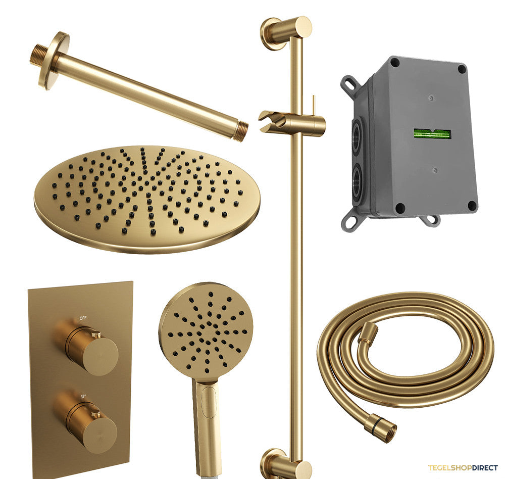 Regendoucheset Inbouw Brauer Gold Edition Thermostatisch 30cm met 3-Weg Omstelling, Plafondarm, Glijstang en Handdouche 3-Standen Geborsteld Goud – afbeelding 2