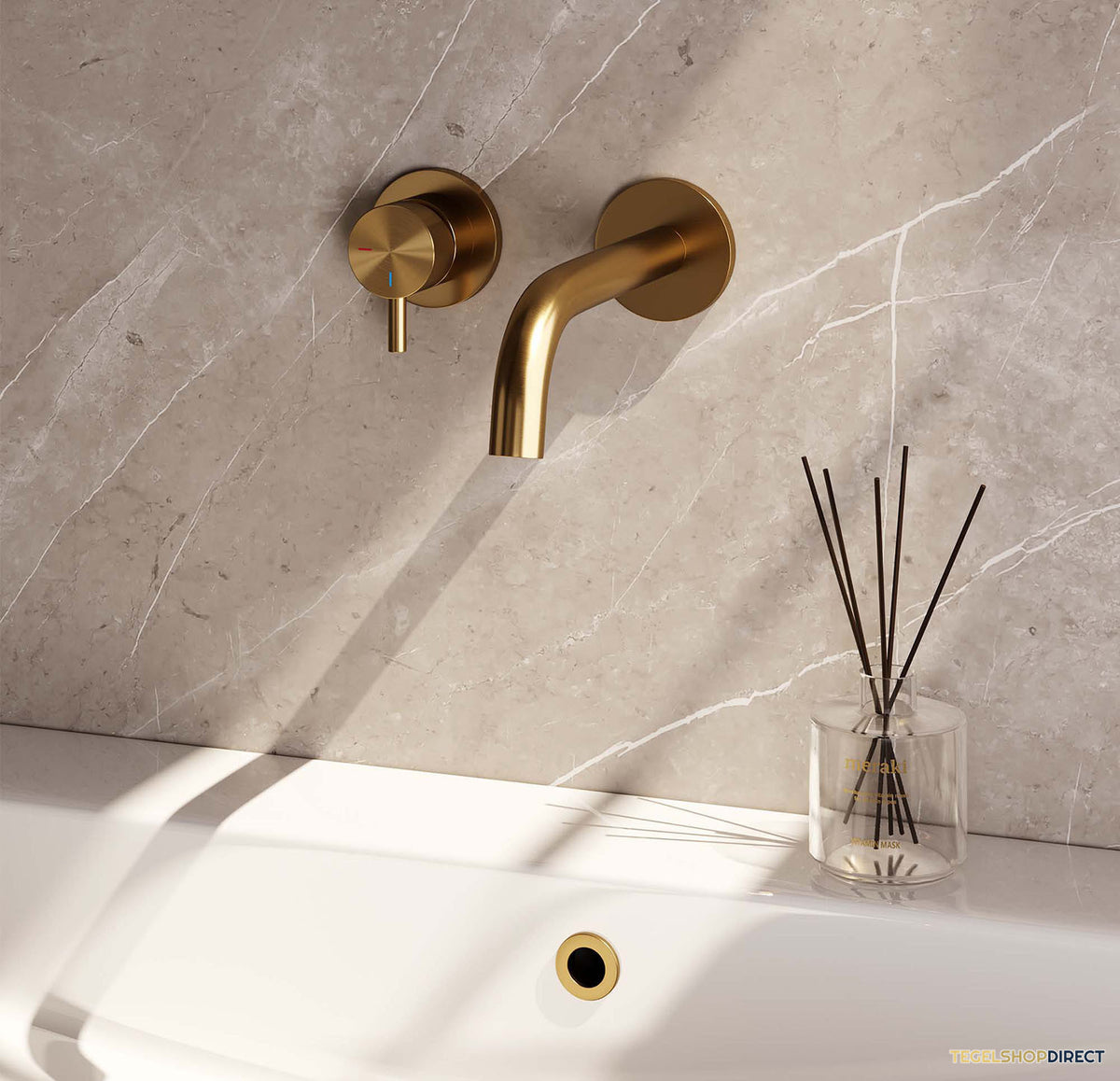 Inbouw Wastafelmengkraan Brauer Gold Edition Coldstart Gebogen Uitloop Korte Ronde Hendel Links Geborsteld Goud PVD Met Rozetten – afbeelding 2