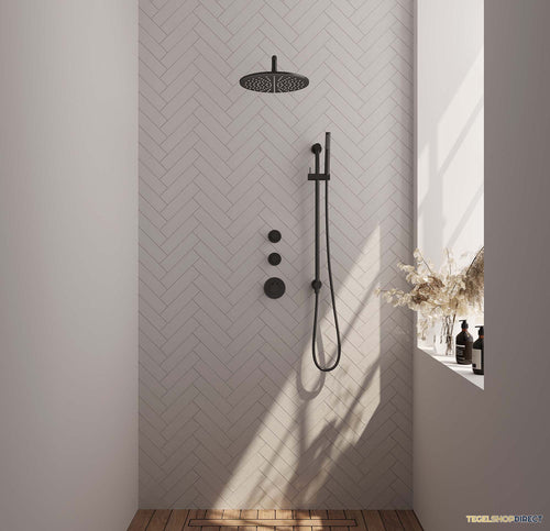 Inbouw Regendouche Set Brauer Black Edition Gebogen Wanduitloop Ronde Hoofddouche 30 cm Met Twee Stopkranen en Glijstang Mat Zwart