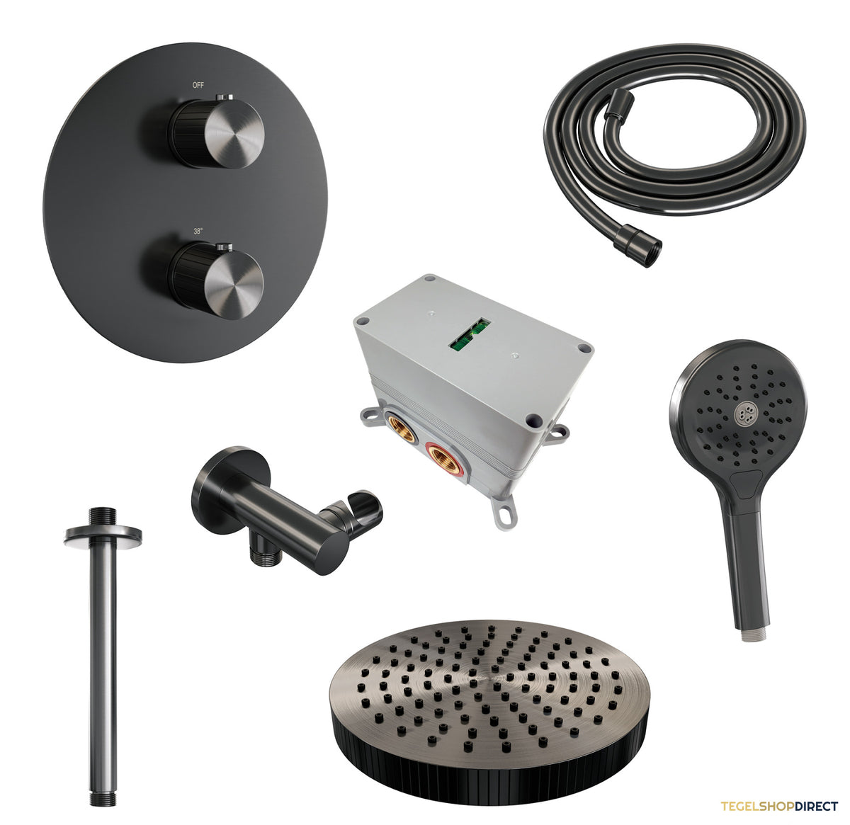 Brauer Stripe thermostatische inbouw regendouche 3-weg rond SET 42 met 25 cm douchekop en plafondarm en 3-standen handdouche en doucheslang en wandaansluitbocht gunmetal geborsteld PVD – afbeelding 3