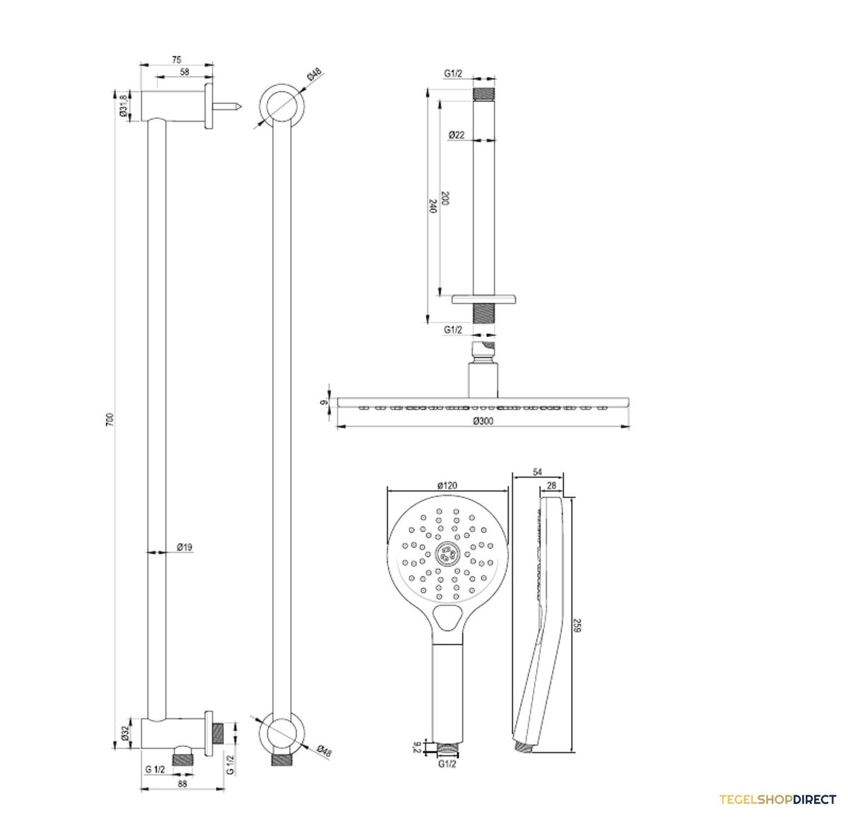 Regendoucheset Inbouw Brauer Chrome Carving Thermostatisch 30cm met Plafondarm, Glijstang en Handdouche 3-Standen Chroom – afbeelding 12