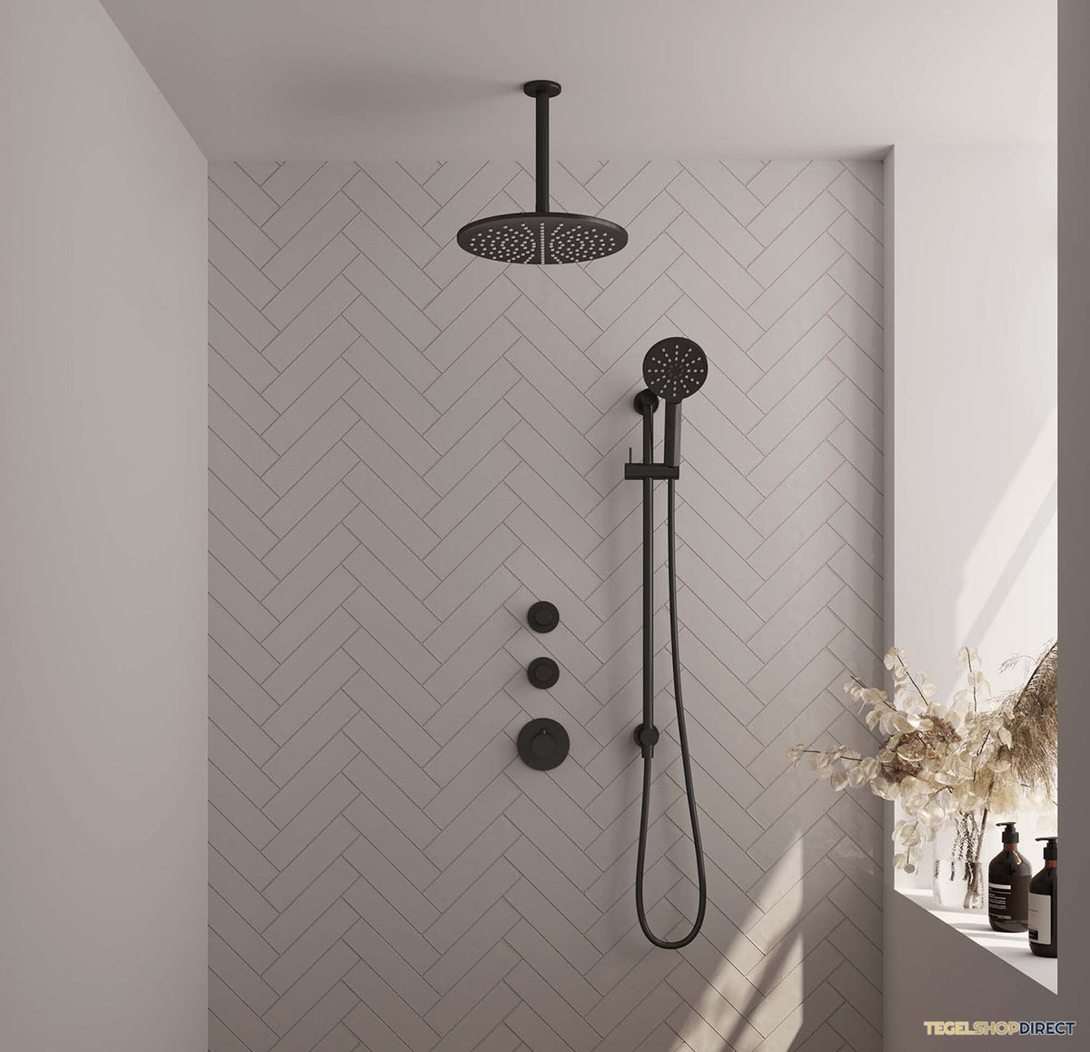 Thermostatisch Inbouwdoucheset Brauer Black 30cm Hoofddouche Plafondarm 3 Standen Handdouche op Glijstang Mat Zwart