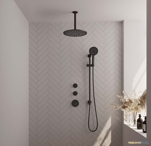 Thermostatisch Inbouwdoucheset Brauer Black 30cm Hoofddouche Plafondarm 3 Standen Handdouche op Glijstang Mat Zwart