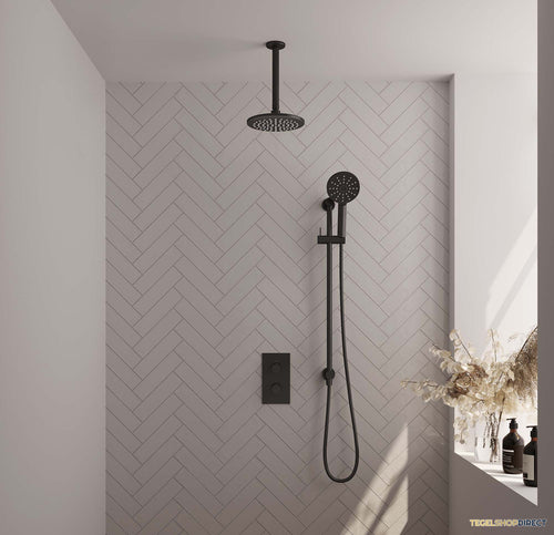 Regendoucheset Inbouw Brauer Black Carving Thermostatisch 20cm met 3-Weg Omstelling Plafondarm Glijstang en Handdouche 3-Standen Mat Zwart