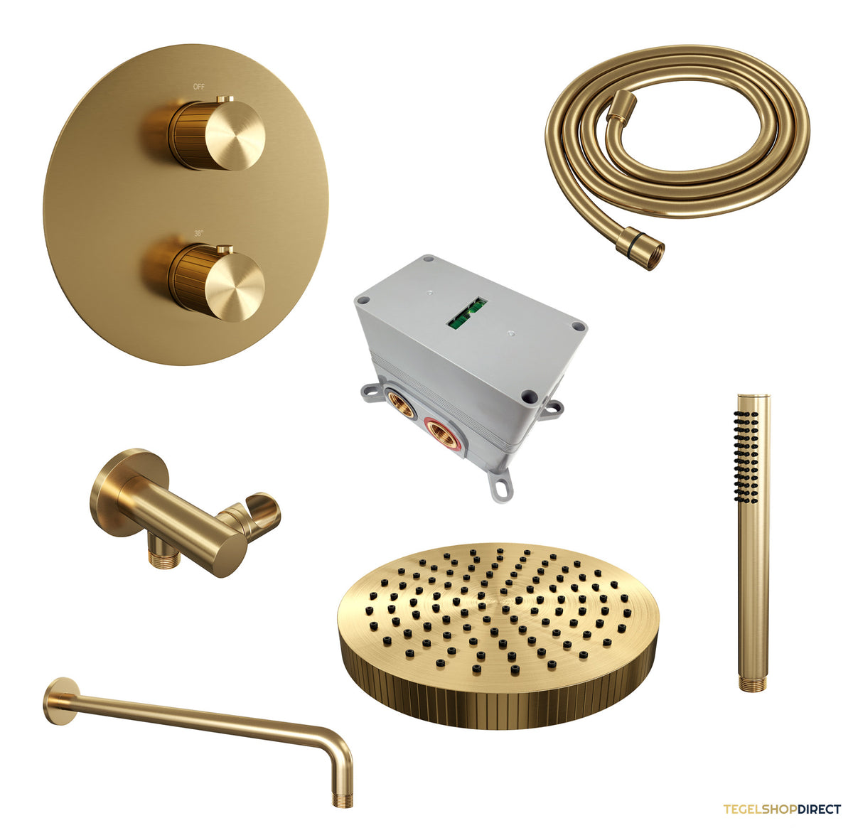Brauer Stripe thermostatische inbouw regendouche 3-weg rond SET 38 met 25 cm douchekop en gebogen muurarm en staaf handdouche en doucheslang en wandaansluitbocht goud geborsteld PVD – afbeelding 3