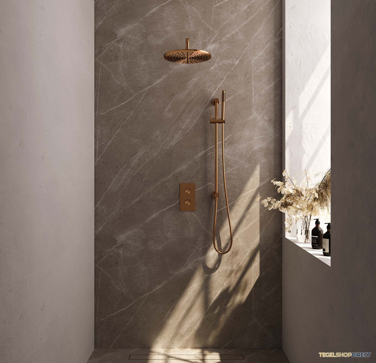 Regendoucheset Inbouw Brauer Copper Carving Thermostatisch 30cm met 3-Weg Omstelling, Gebogen Wandarm, Glijstang en Staaf Handdouche Geborsteld Koper – afbeelding 2