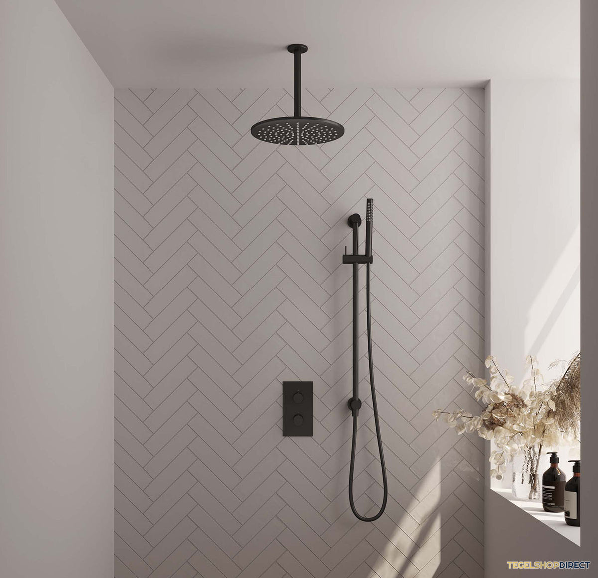 Inbouw Regendouche Set Brauer Black Edition Plafond Uitloop Ronde Hoofddouche 30 cm Met Glijstang Mat Zwart