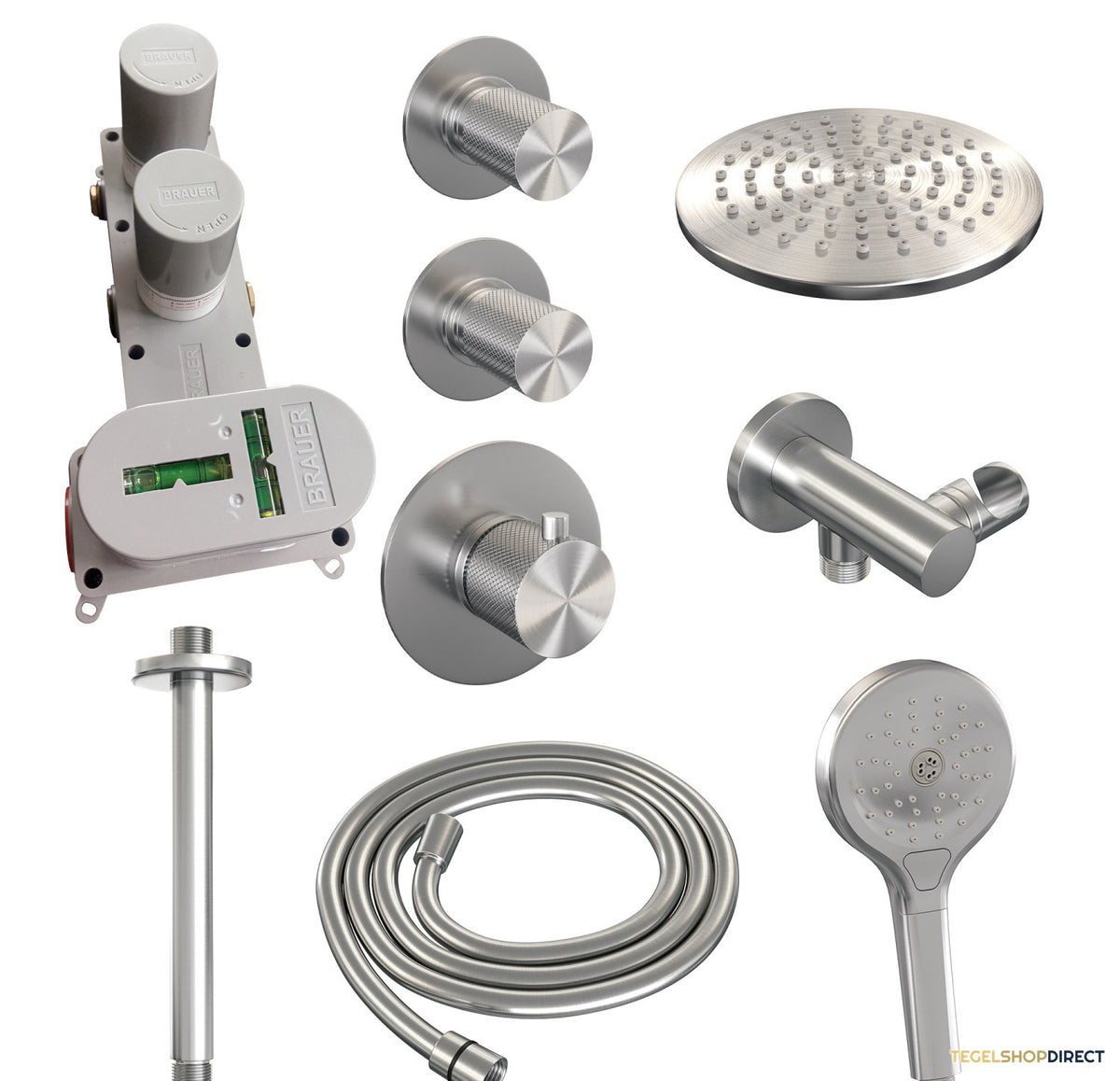Regendoucheset Inbouw Brauer Brushed Carving Thermostatisch 20cm met Plafondarm en Handdouche 3-Standen Losse Stopkranen Geborsteld RVS – afbeelding 4