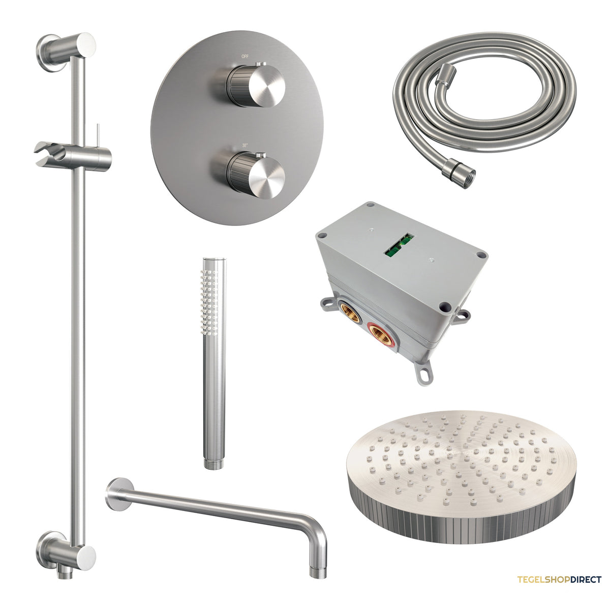 Brauer Stripe thermostatische inbouw regendouche 3-weg rond SET 44 met 25 cm douchekop en gebogen muurarm en staaf handdouche en doucheslang en geintegreerde glijstang RVS-kleurig geborsteld PVD – afbeelding 3