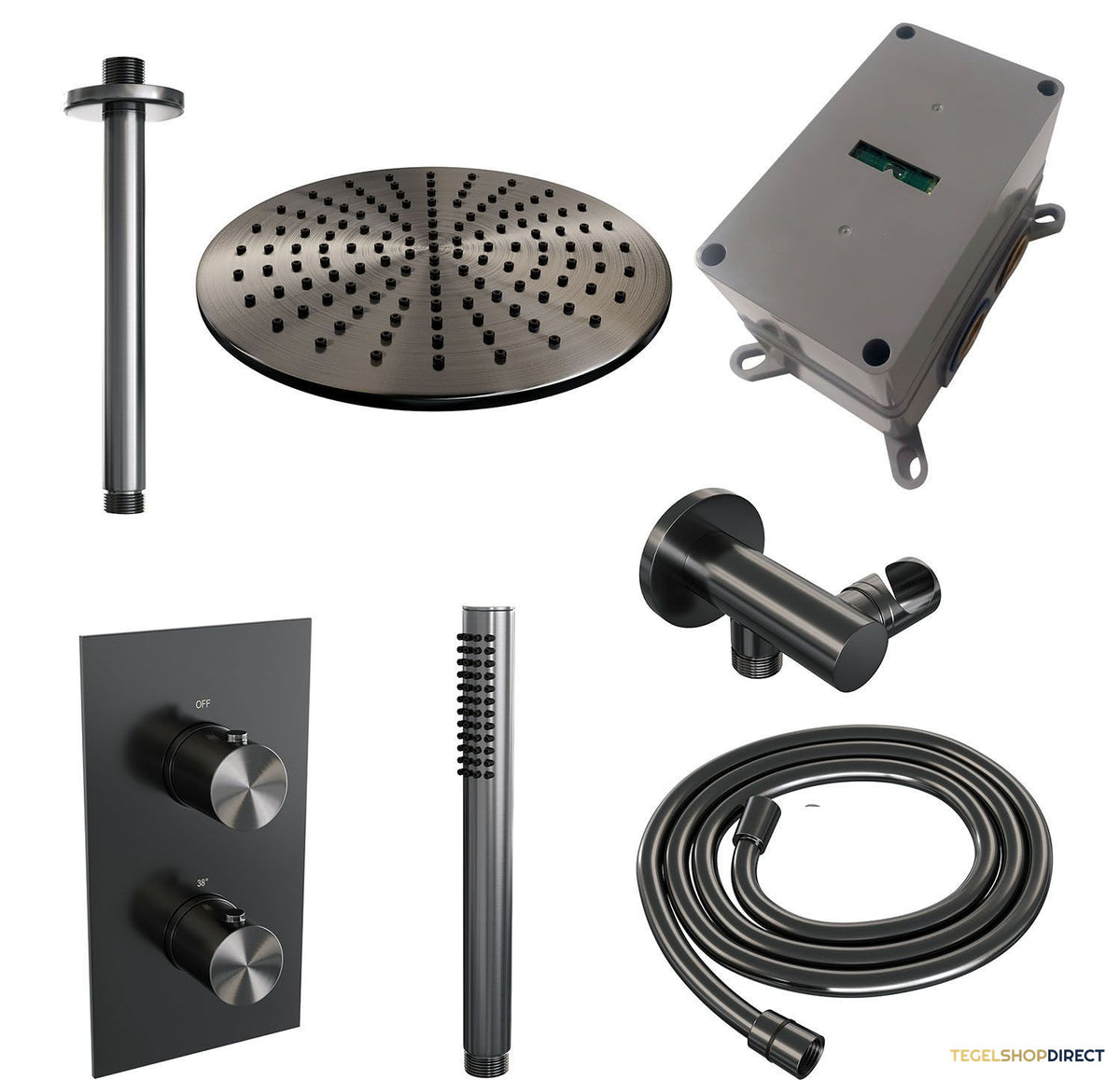 Regendoucheset Inbouw Brauer Gunmetal Edition Thermostatisch 30cm met 3-Weg Omstelling, Plafondarm en Staaf Handdouche Geborsteld Gunmetal – afbeelding 3