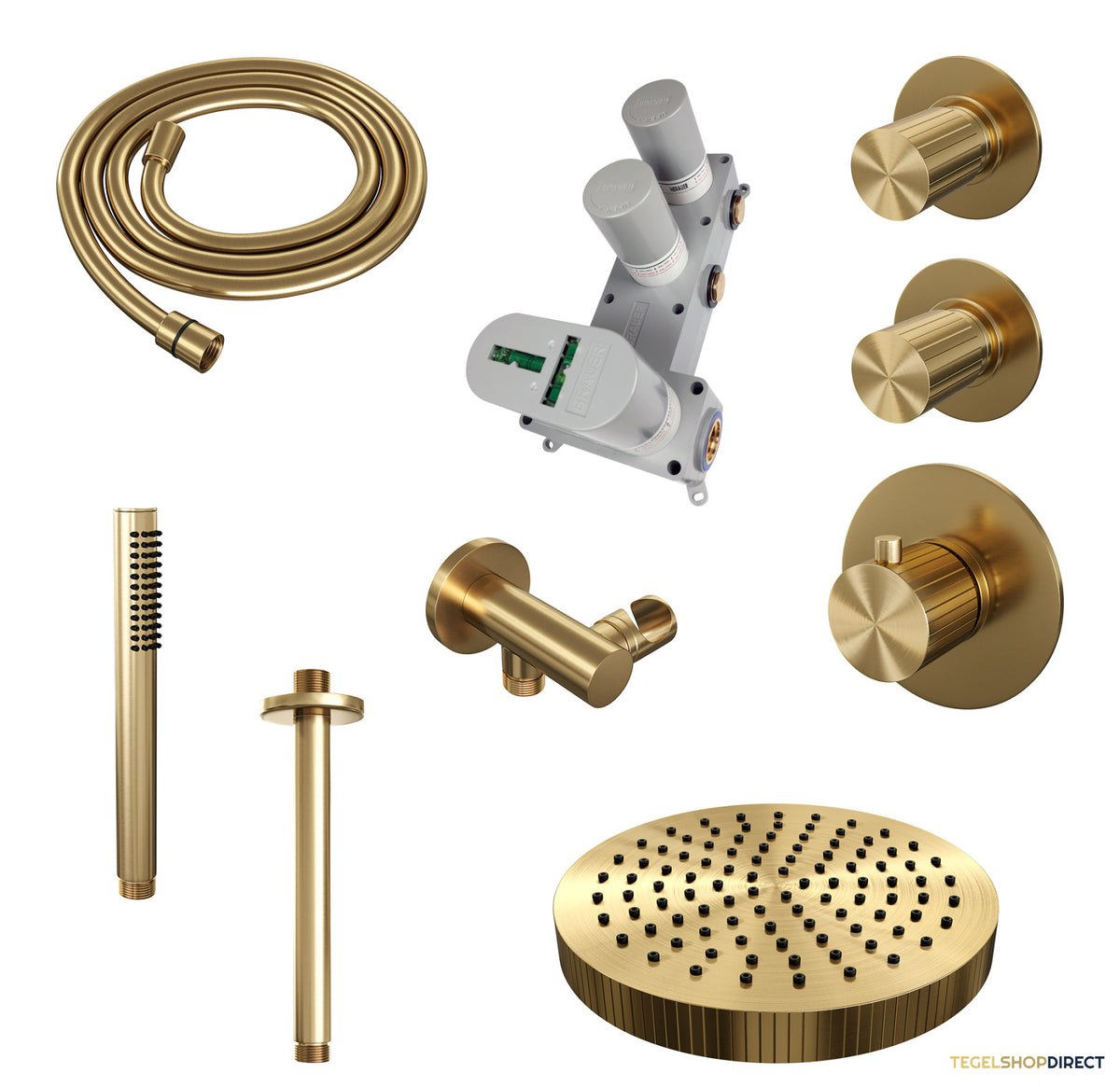 Brauer Stripe thermostatische inbouw regendouche SET 03 met 25 cm douchekop en plafondarm en staaf handdouche en doucheslang en wandaansluitbocht goud geborsteld PVD – afbeelding 3