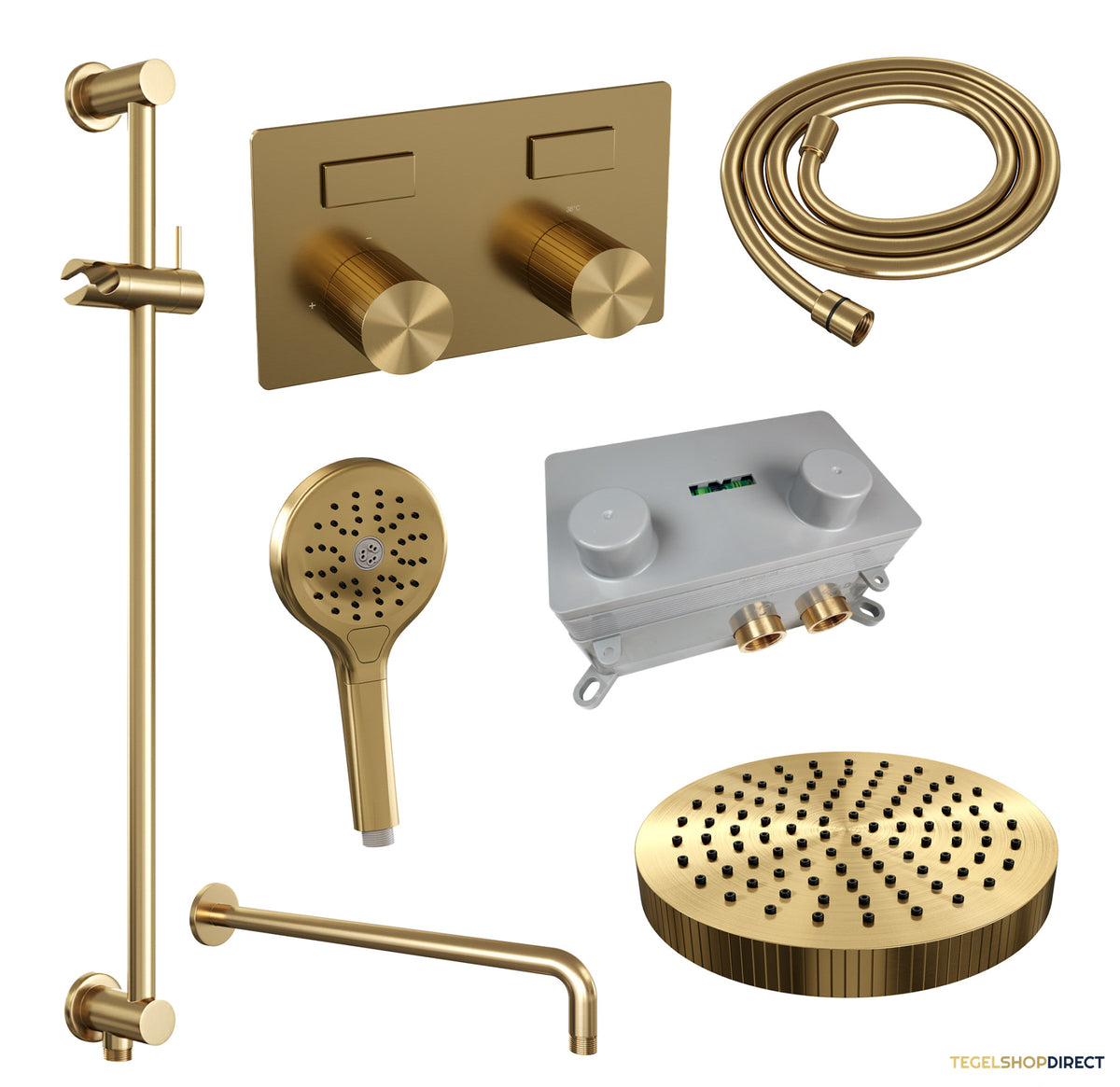 Brauer Stripe thermostatische inbouw regendouche met drukknoppen SET 35 met 25 cm douchekop en gebogen muurarm en 3-standen handdouche en doucheslang en geintegreerde glijstang goud geborsteld PVD – afbeelding 3