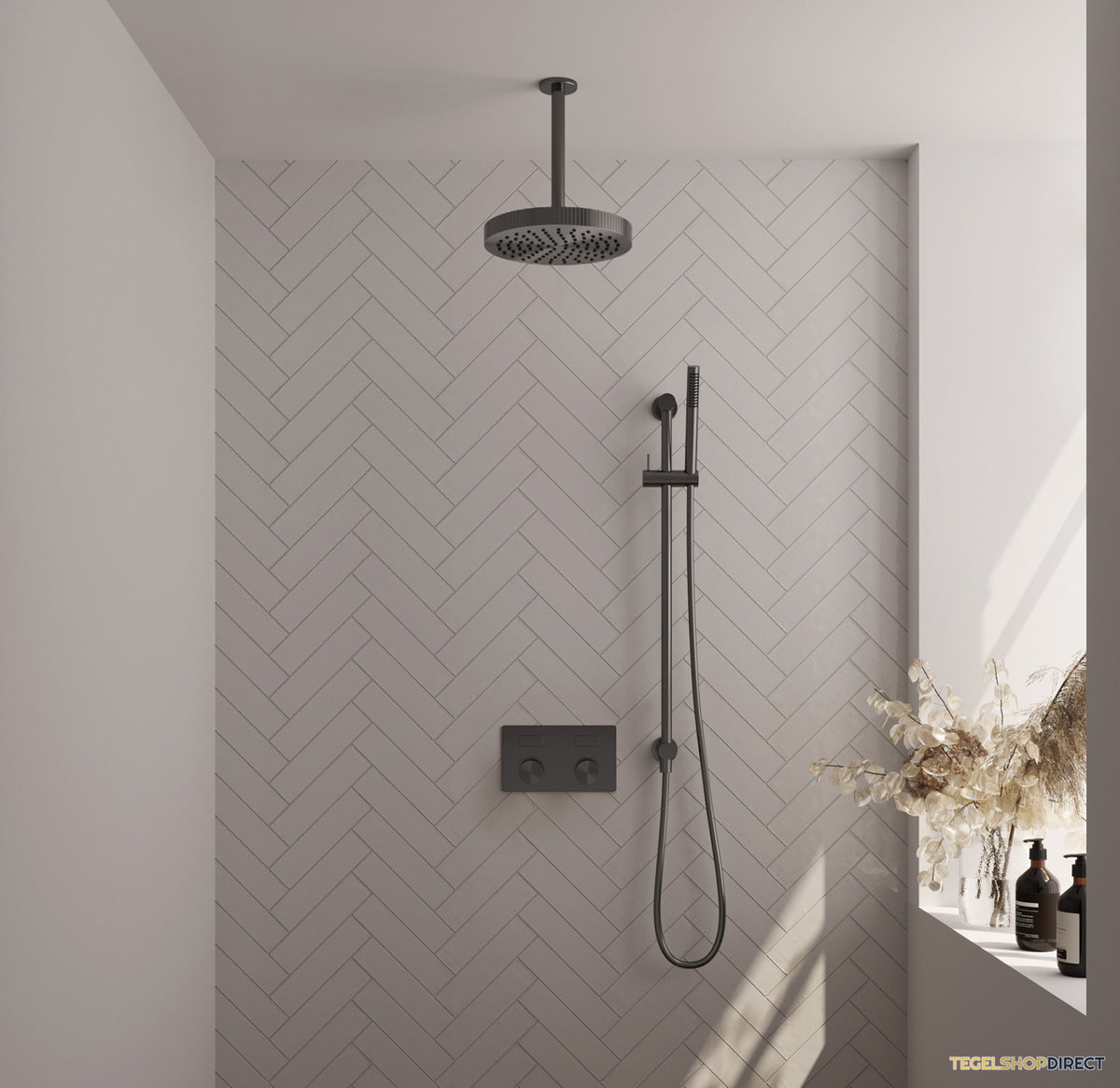 Brauer Stripe thermostatische inbouw regendouche met drukknoppen SET 33 met 25 cm douchekop en plafondarm en staaf handdouche en doucheslang en geintegreerde glijstang gunmetal geborsteld PVD