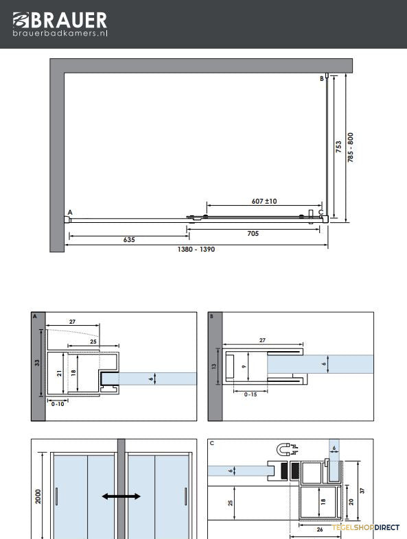 BRAUER Season douchecabine model B met schuifdeur helder glas 140x80x200 omkeerbaar incl. glascoating Season-Mat Zwart – afbeelding 4