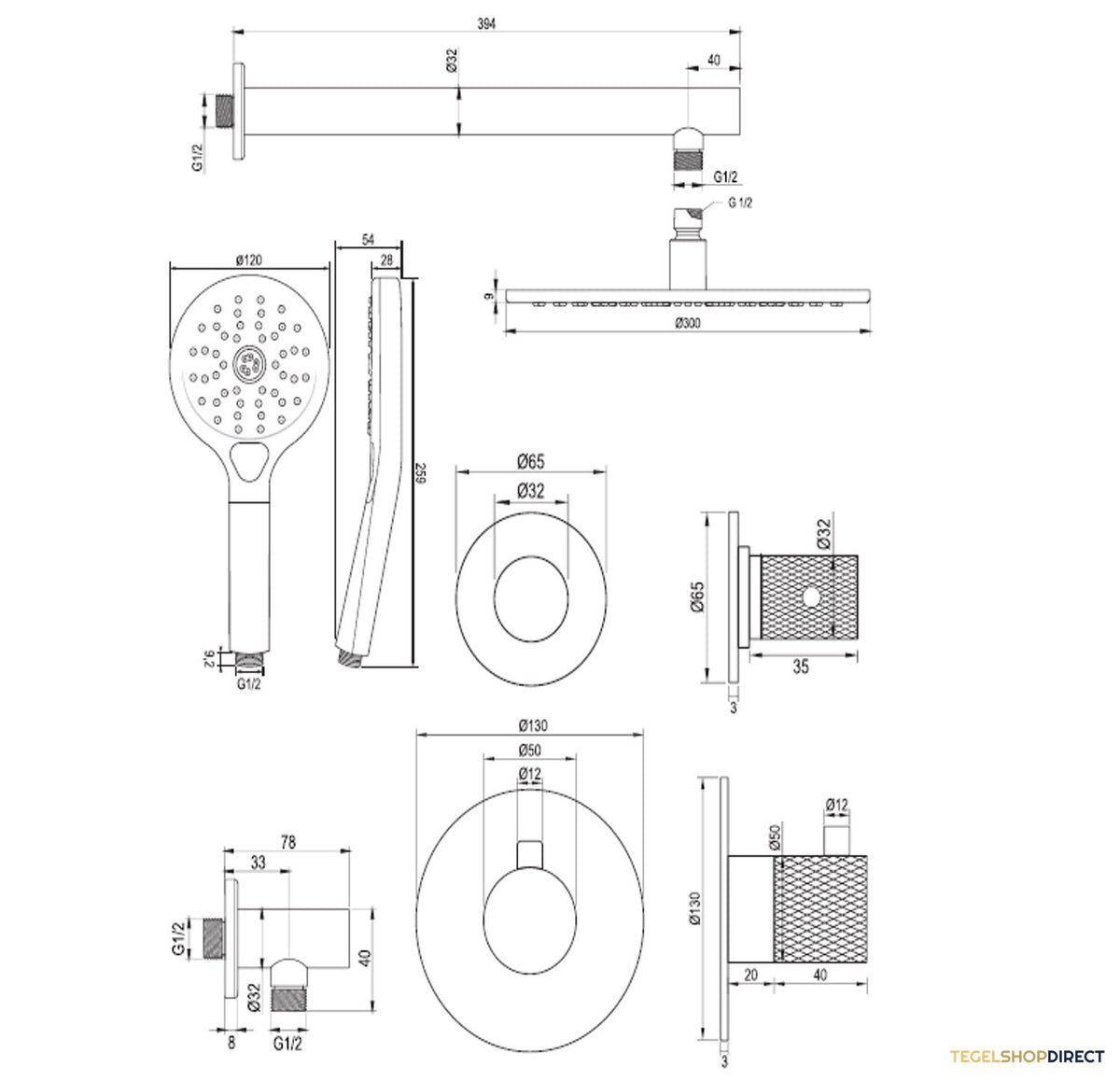 Regendoucheset Inbouw Brauer Brushed Carving Thermostatisch 30cm met Wandarm en Handdouche 3-Standen Losse Stopkranen Geborsteld RVS – afbeelding 12