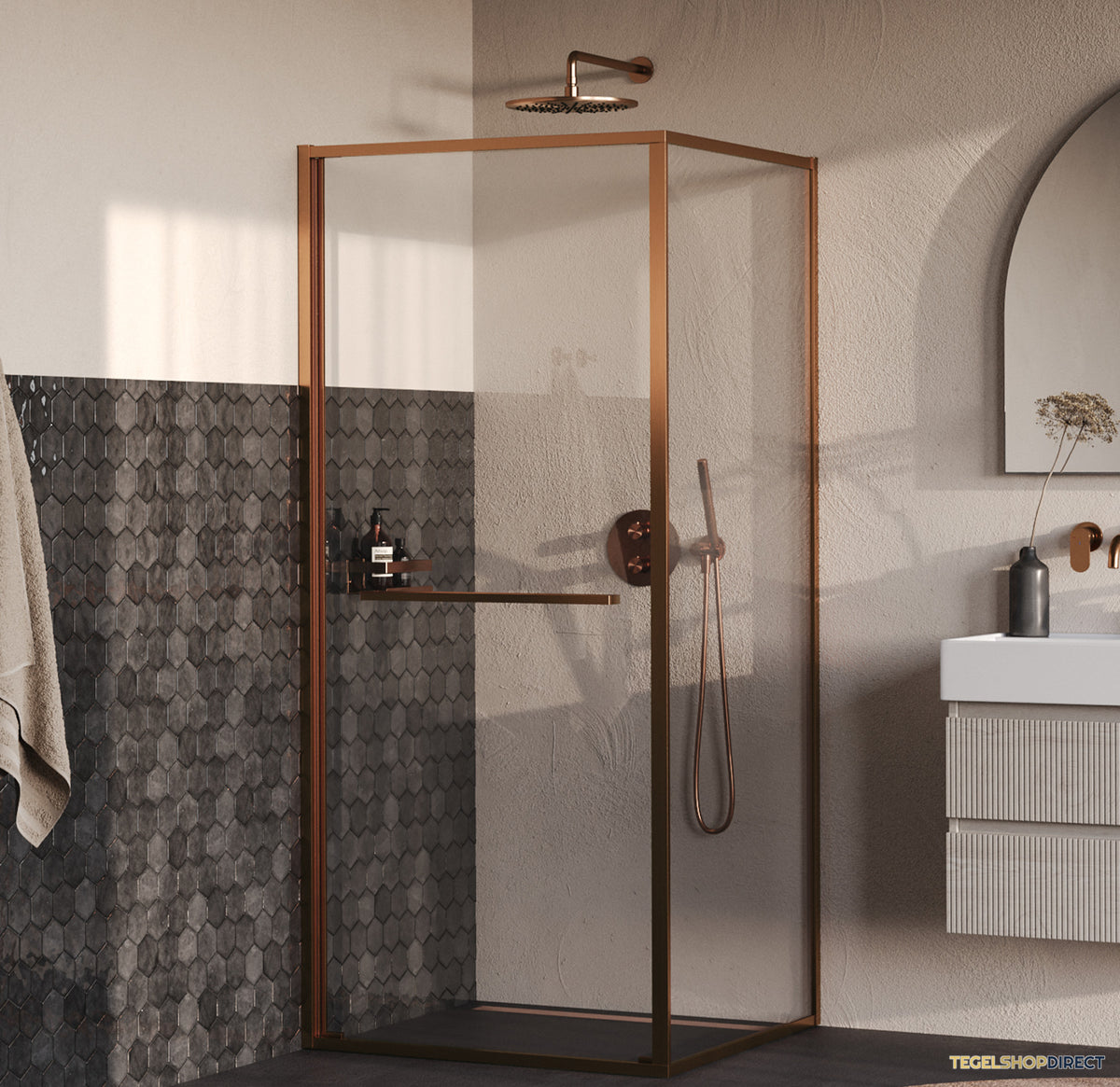 BRAUER Luminis Douchecabine 2-Delig Naar Binnen Draaiend 90x90x200 Omkeerbaar Helder Glas Incl. Glascoating PVD Koper Geborsteld