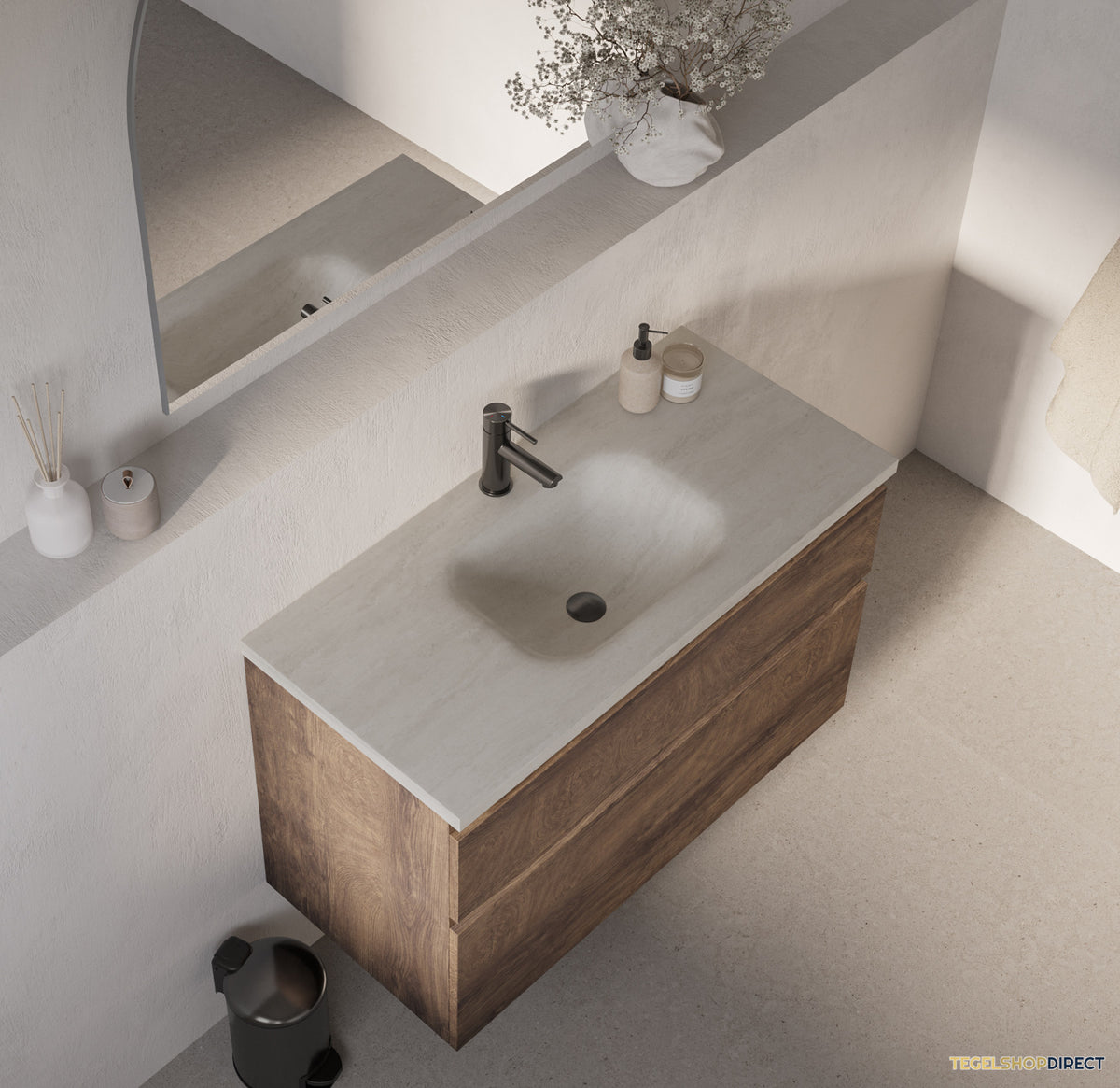 BRAUER Dune Medium wastafel 100 cm met 1 wasbak en 1 kraangat Sintered Stone Ivory Travertin – afbeelding 2