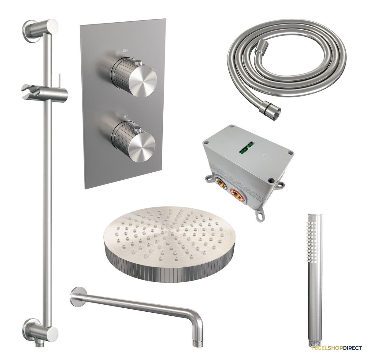 Brauer Stripe thermostatische inbouw regendouche 3-weg rechthoekig SET 20 met 25 cm douchekop en gebogen muurarm en staaf handdouche en doucheslang en geintegreerde glijstang RVS-kleurig geborsteld PVD – afbeelding 3