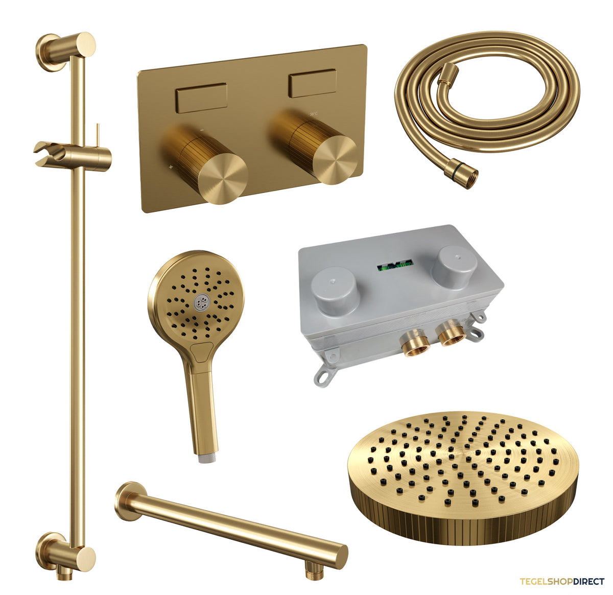 Brauer Stripe thermostatische inbouw regendouche met drukknoppen SET 34 met 25 cm douchekop en rechte muurarm en 3-standen handdouche en doucheslang en geintegreerde glijstang goud geborsteld PVD – afbeelding 3