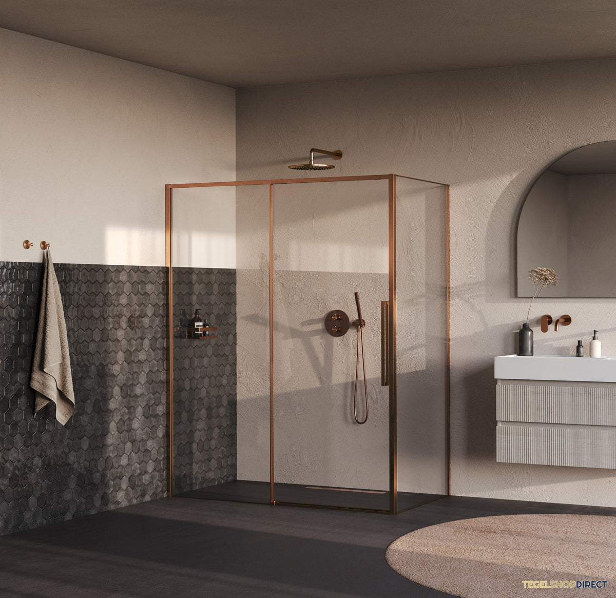 BRAUER Galactic Douchecabine Met Schuifdeur 160x90x200 Omkeerbaar Helder Glas Incl. Glascoating PVD Koper Geborsteld – afbeelding 2
