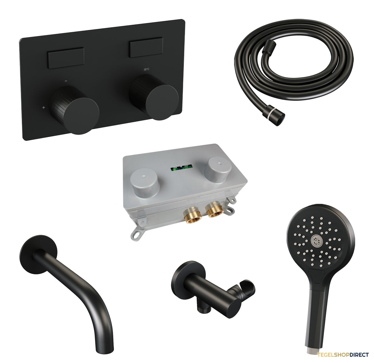 Brauer Stripe thermostatische inbouw badkraan met drukknoppen SET 04 met uitloop en 3-standen handdouche en doucheslang en wandaansluitbocht mat zwart – afbeelding 2