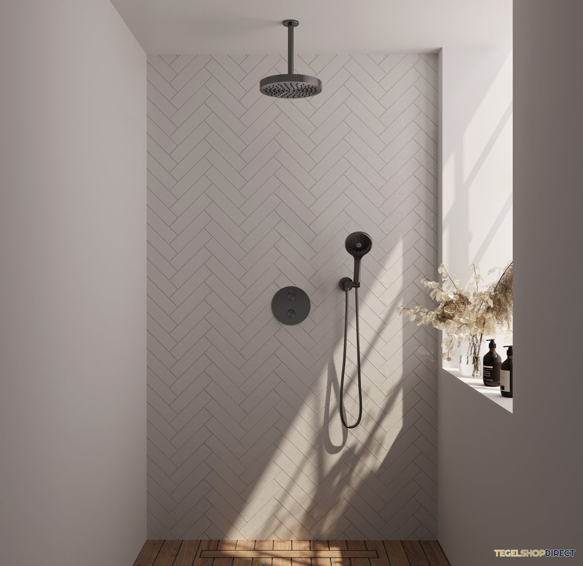 Brauer Stripe thermostatische inbouw regendouche 3-weg rond SET 42 met 25 cm douchekop en plafondarm en 3-standen handdouche en doucheslang en wandaansluitbocht gunmetal geborsteld PVD – afbeelding 2