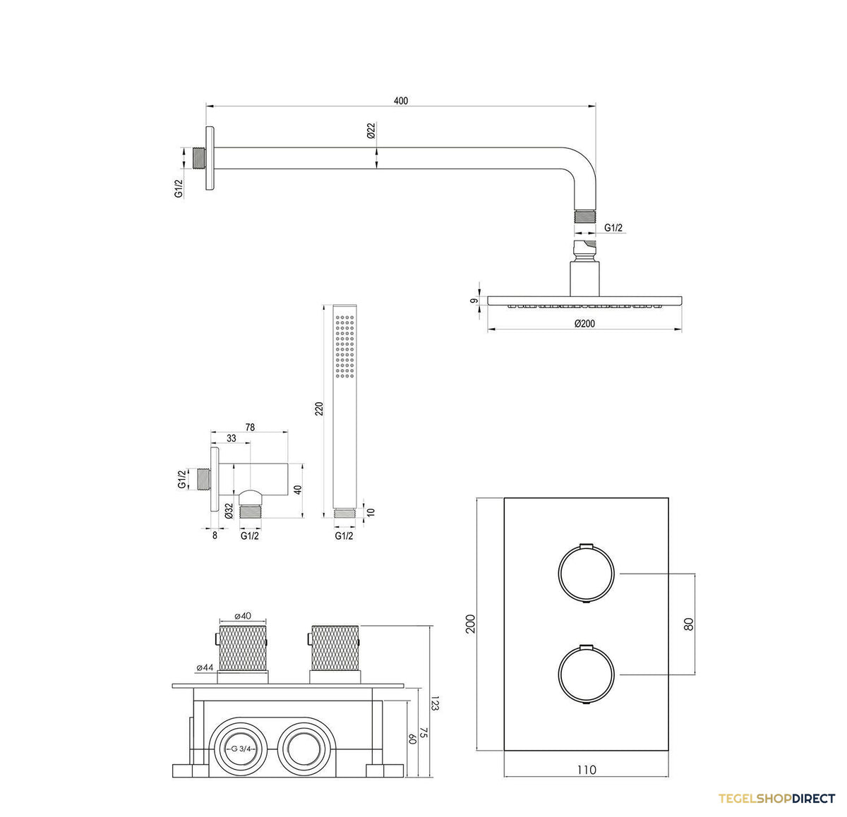 Regendoucheset Inbouw Brauer Gunmetal Carving Thermostatisch 20cm met 3-Weg Omstelling, Gebogen Wandarm en Staaf Handdouche Geborsteld Gunmetal – afbeelding 12