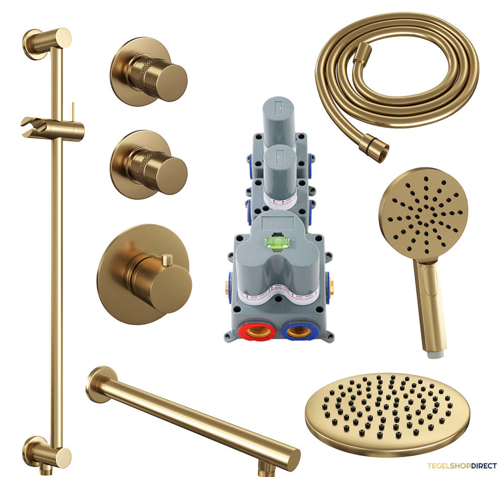 Regendoucheset Inbouw Brauer Gold Edition Thermostatisch 20cm met Wandarm, Glijstang en Handdouche 3-Standen Losse Stopkranen Geborsteld Goud – afbeelding 2