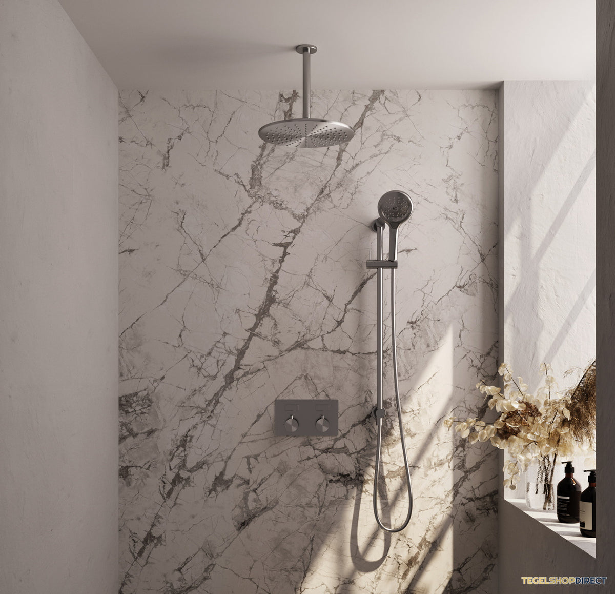 Thermostatische Inbouw Regendouche Brauer Brushed Edition Met Drukknoppen SET 72 Met 30 cm Douchekop En Plafondarm En 3-Standen Handdouche En Doucheslang En Geintegreerde Glijstang RVS