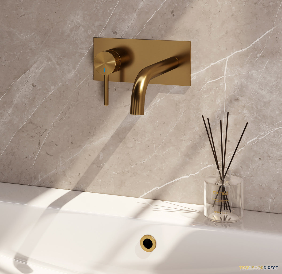 Brauer Stripe inbouw wastafelmengkraan met gebogen uitloop en afdekplaat model A2 goud geborsteld PVD – afbeelding 2