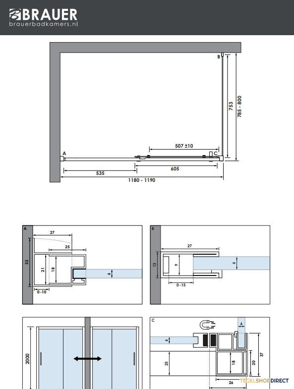 BRAUER Season douchecabine model B met schuifdeur helder glas 120x80x200 omkeerbaar incl. glascoating Season-Koper – afbeelding 4