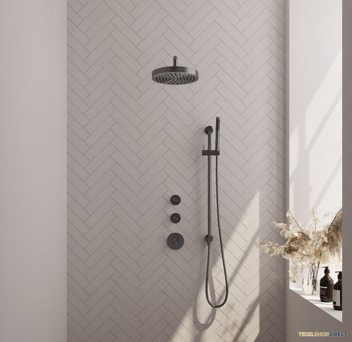 Brauer Stripe thermostatische inbouw regendouche SET 08 met 25 cm douchekop en gebogen muurarm en staaf handdouche en doucheslang en geintegreerde glijstang gunmetal geborsteld PVD